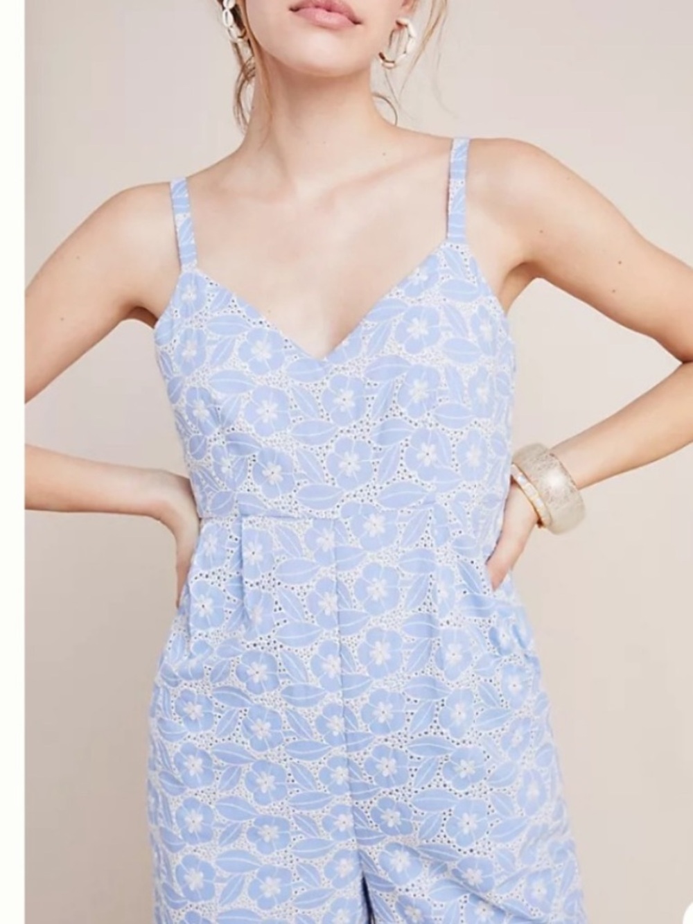 Anthropology LAIA Karina  Light Blue Floral Eyelet Jumpsuit